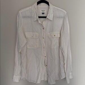 American Eagle Off White Linen Pinstripe Blouse